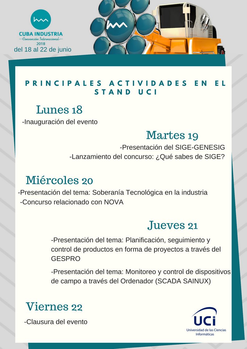 universidad_uci's tweet image. ✔️Comienza en #LaHabana Convención y Exposición #CubaIndustria2018. Como en #Informática2018, #CubSalud2018, la UCI está presente, pero ¿cuáles son nuestras propuestas? Aquí están!! 👇