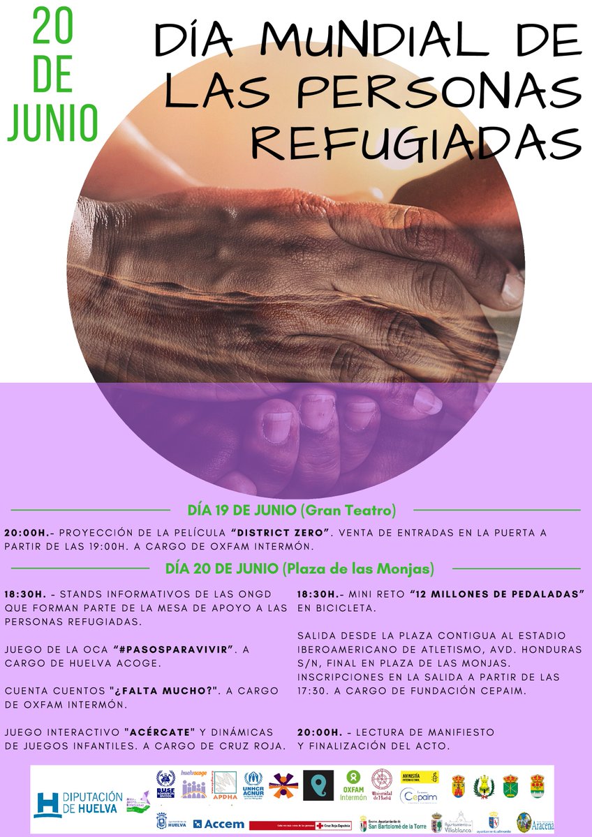 SerRefugio's tweet photo. Os dejamos el cartel con las acciones que haremos durante los días 19 y 20 de junio. El Edificio de @DipuHU se iluminará durante toda la semana de azul. Sumándose a la iniciativa "Noche Azul" de @eACNUR . #SerRefugio https://t.co/cllq55fc43