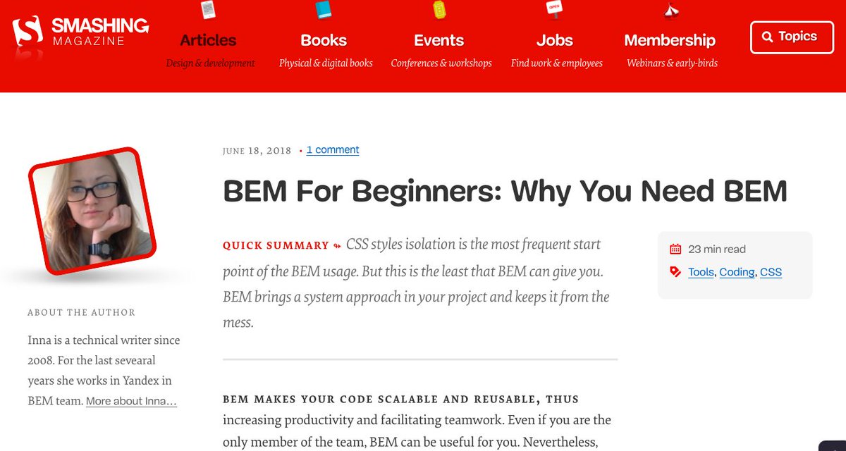 Don't miss our new article on <a href="/smashingmag/">Smashing Magazine 🇺🇦 🏳️‍🌈</a> — BEM for beginners: Why you need #b_ 
bit.ly/2JNCt5d
#frontend #news