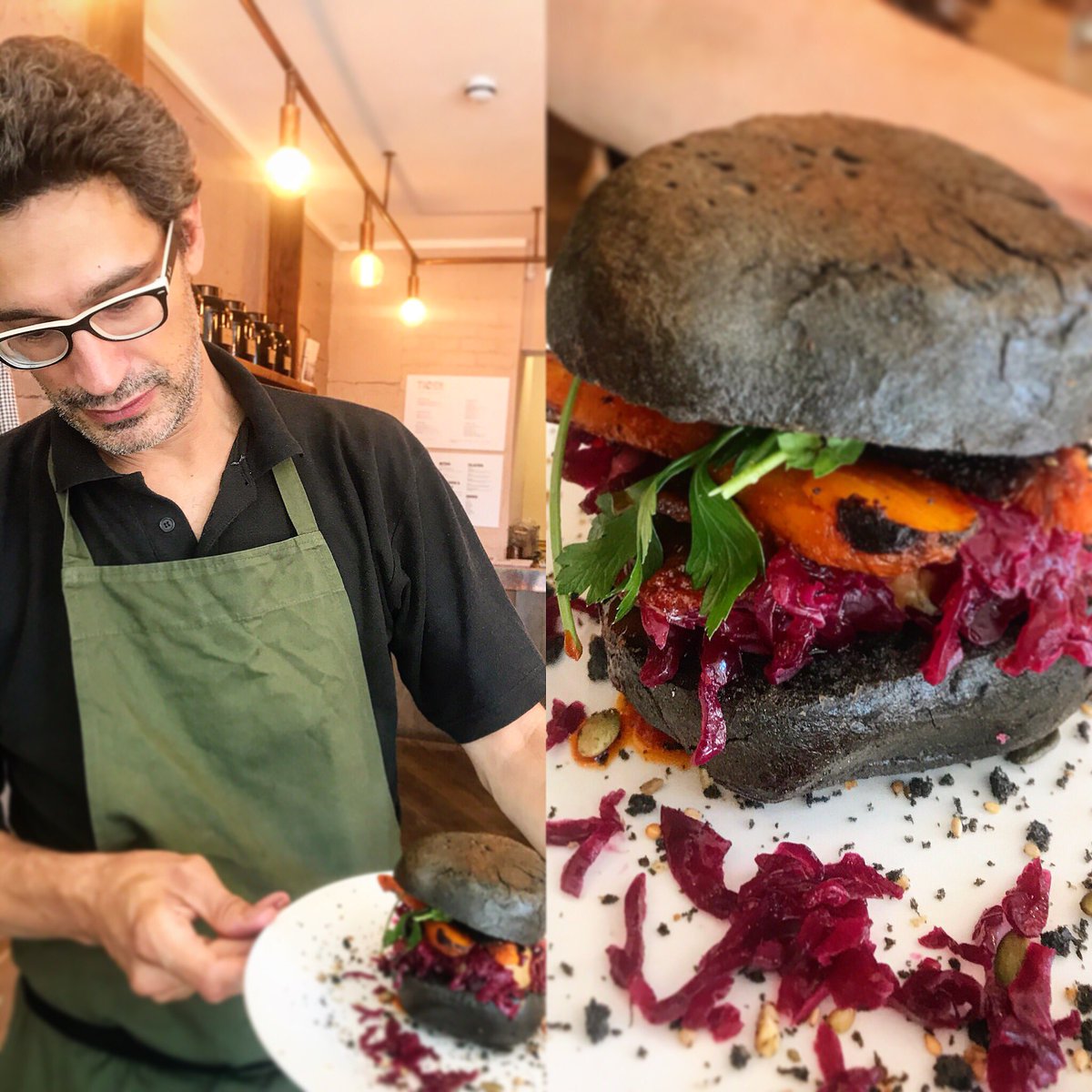 ThinkEatDrink's tweet image. The wonderful David Bez of @saladpride serving his #vegan burger at his #popup restaurant @tiosk_uk in #broadwaymarket #eastlondon, portobello mushrooms with golden carrots, shredded beetroot with #watercress #seeds #microherbs Oh yes! #vegans #veganfood #TED #thinkeatdrink