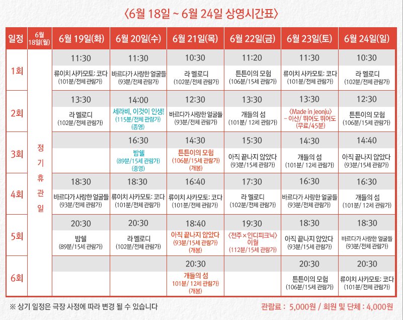 전주디지털독립영화관 6월 3주 시간표 #밤쉘 #세라비이것이인생 #바르다가사랑한얼굴들 #라멜로디 #류이치사카모토_코다 #개들의섬 #튼튼이의모험...