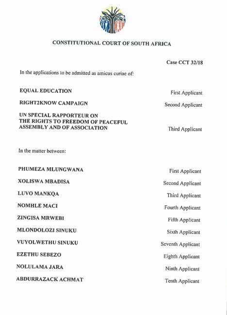 r2kcampaign's tweet photo. Con Court admitted R2K as a friend of the court in the #SJC10 case - challenging the Gatherings Act. We are intervening as a member of @ProtestZA. 

EE and the UN Special Rapporteur on Freedom of Assembly also admitted. @WebberWentzel is representing R2K pro bono. #Right2Protest https://t.co/pW9vLfRpIE