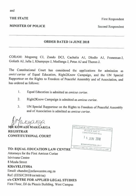 r2kcampaign's tweet photo. Con Court admitted R2K as a friend of the court in the #SJC10 case - challenging the Gatherings Act. We are intervening as a member of @ProtestZA. 

EE and the UN Special Rapporteur on Freedom of Assembly also admitted. @WebberWentzel is representing R2K pro bono. #Right2Protest https://t.co/pW9vLfRpIE