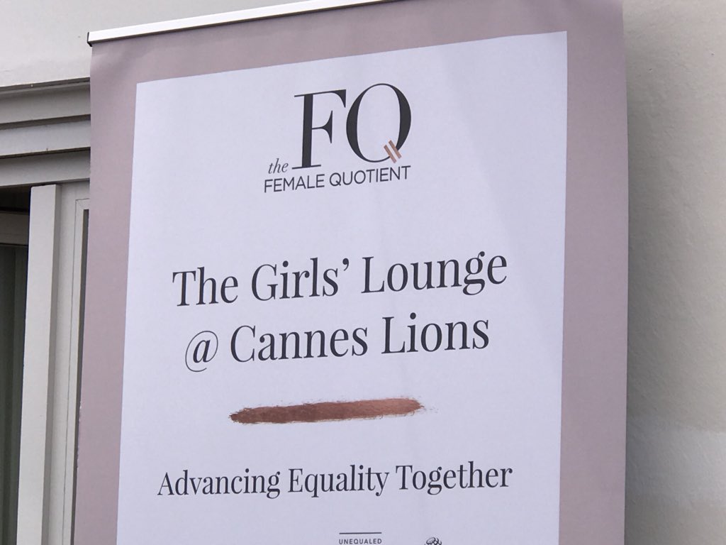 rosenbergann's tweet photo. “10% of content directors are women. We need 100% #GenderEquality in the creative supply chain.” -@marcpritchard1 CBO @ProcterGamble talks with @ajlucio5 CMO @HP on opening pipeline for women creative directors
 #freethebid #seeher #GirlsLounge at #CannesLions #TheFemaleQuotient https://t.co/taFNuRSlbA