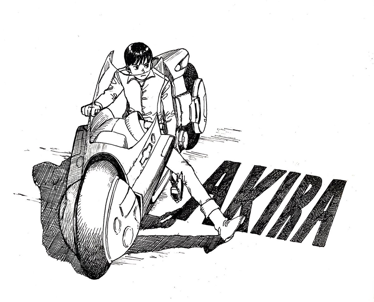 紺野アキラ En Twitter リクエスト Akiraの金田とバイク 前に一度描いたんですが気に食わなかったので描き直しました バイクの構造やらパースやらめちゃくちゃだと思いますが