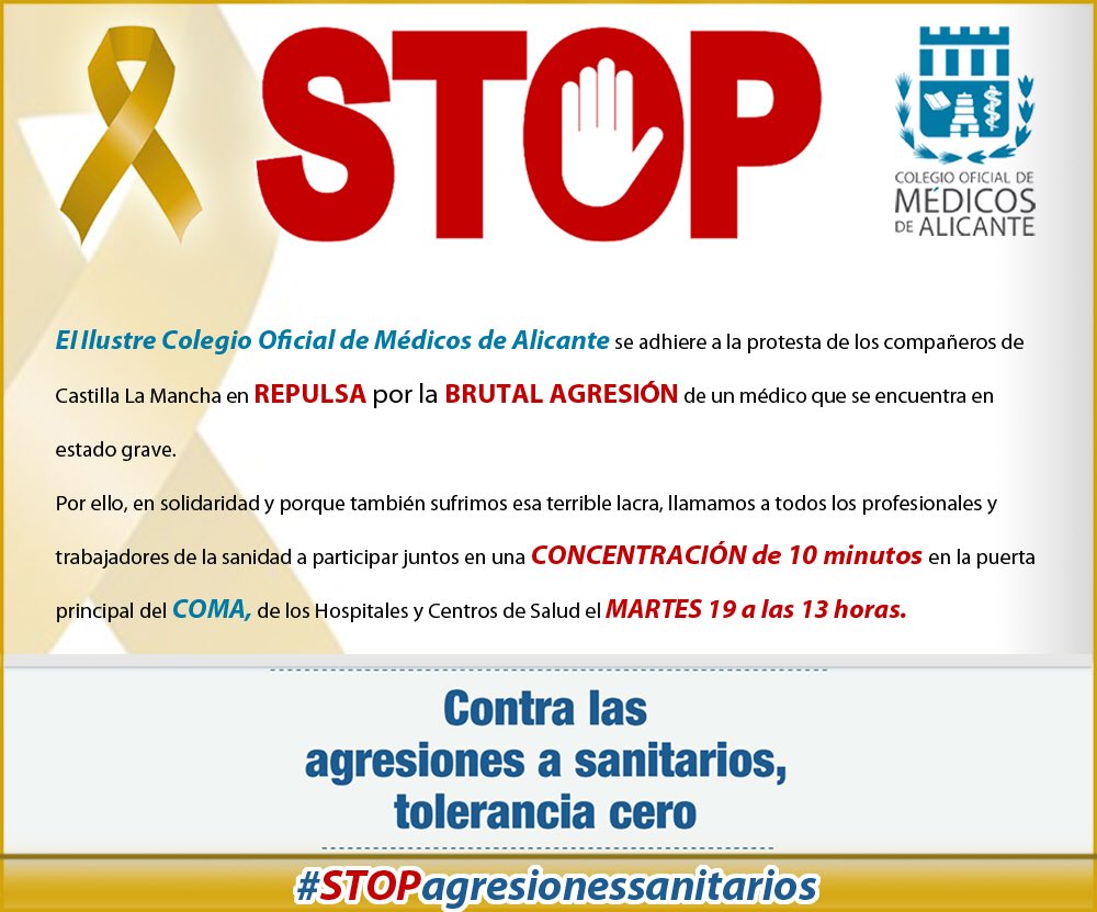 COMAlicante's tweet image. 🔺Nos pegan
🔺Nos insultan 
🔺Nos gritan 
#somosmedicos 

Ayúdanos con tu apoyo mañana a protestar por la brutal agresión a nuestro compañero de Toledo y a much@s  mas cada día en España #stopagresionessanitarios