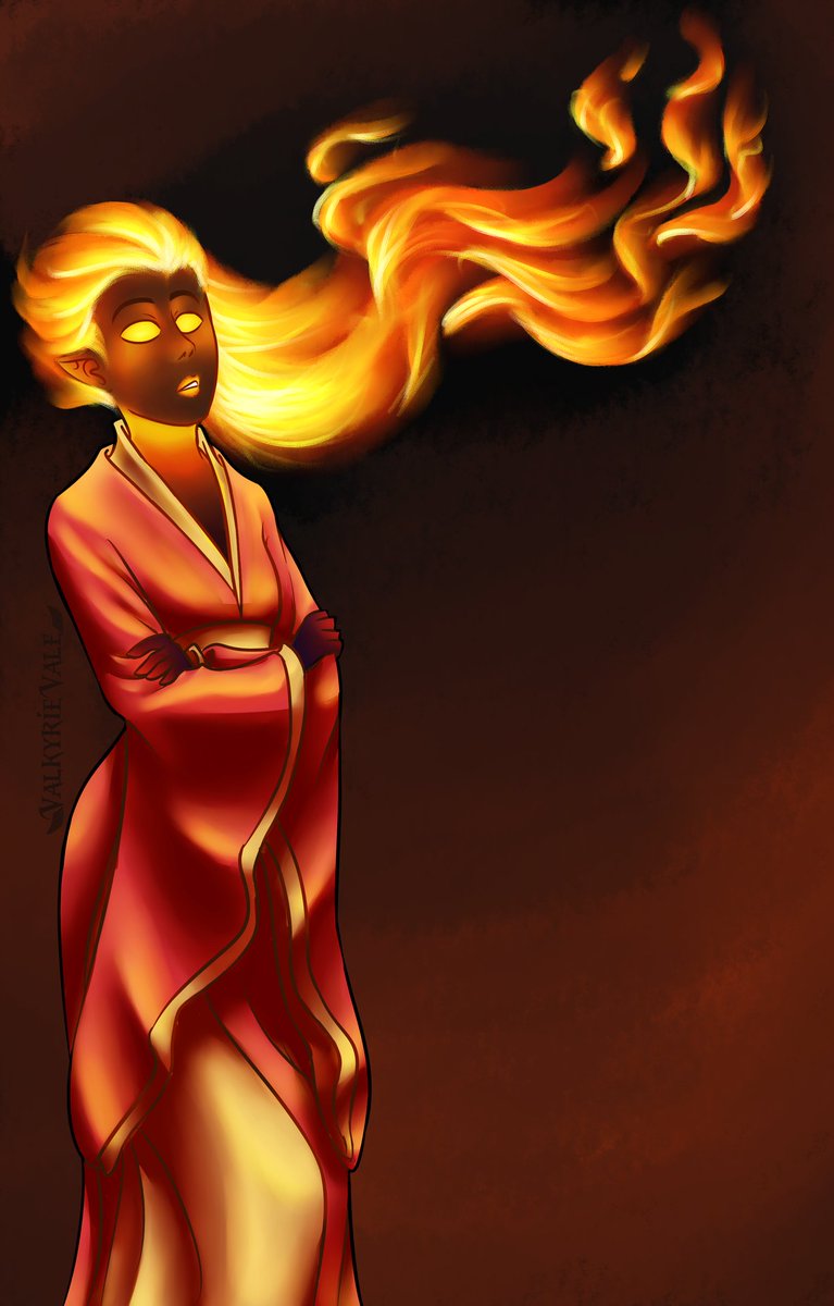 I wanted to try making nice looking fire hair and play with Fia's skin  glow/blush. She is her own light source #fire #elemental #monstergirl  #firegirl #firehair #flaminghair #firelady #hot #flames #fire #fantasy #, image size:767x1200