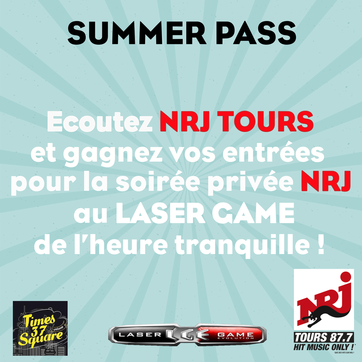 NRJTOURS37's tweet photo. ☀️ NRJ SUMMER PASS 😎
➡️ Dès aujourd'hui écoutez @NRJTOURS37 dès 15H et gagnez vos entrées dans les parcs #GadawiParkAventure à Tours Nord et Joué-Les-Tours, vos parties à #EscapeExpress des 2 Lions et votre soirée privée NRJ au #LasergameEvolution de L'Heure Tranquille 😍 https://t.co/1cxnZ4LeNU
