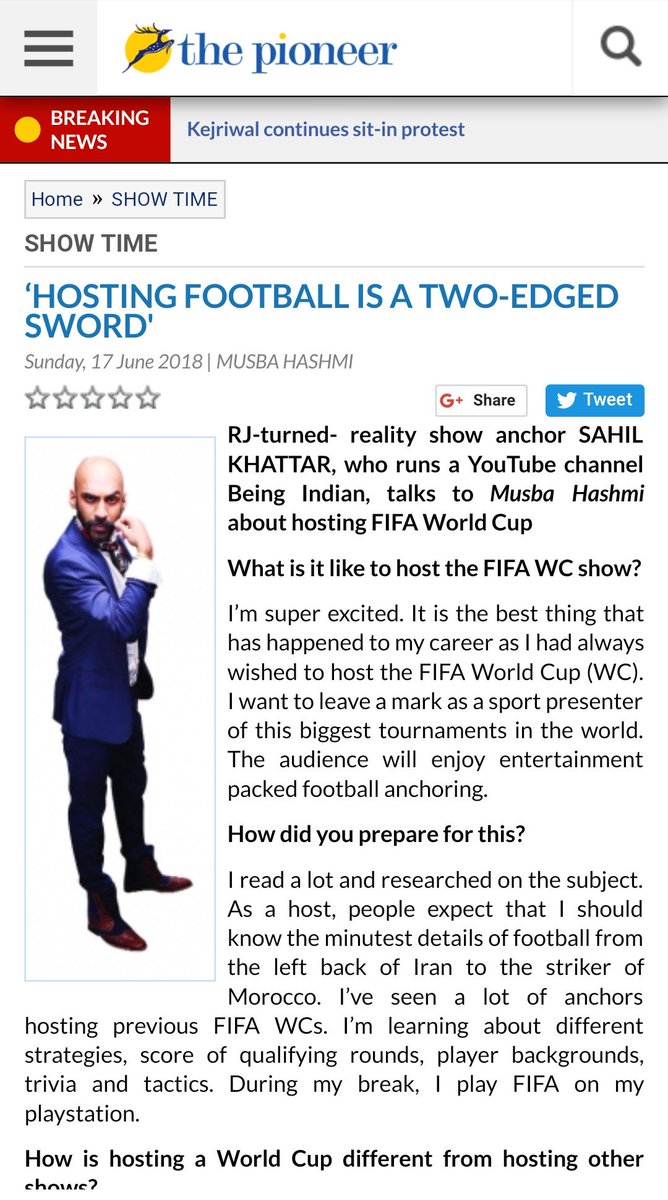 issahilkhattar's tweet photo. Thanks @TheDailyPioneer for this amazing piece...
#loveforfootball #FifaWorldCup18 #officialhost #article #gettingcovered #FifaWorldCup2018 #ARTIST https://t.co/YxyygcNR9K