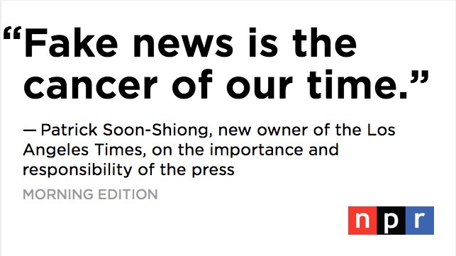 MorningEdition's tweet image. Patrick Soon-Shiong, new owner of @latimes, tells NPR he wants his journalists to track down the truth fairly and completely, competing with @nytimes and @washingtonpost. n.pr/2JLRDYB