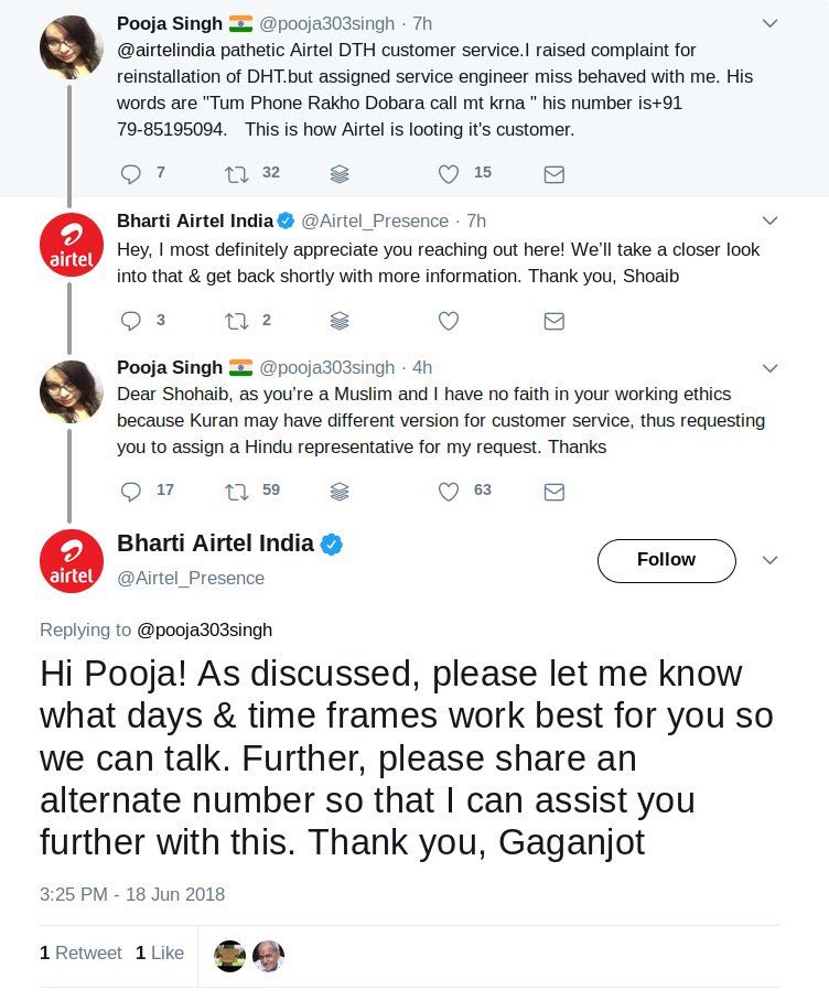 Dear @Airtel_Presence this conversation is genuine (I’ve seen the timeline myself). I refuse to pay another penny to a company that condones such blatant bigotry. I’m beginning the process of porting my number to another service provider & canceling my DTH & Broadband.