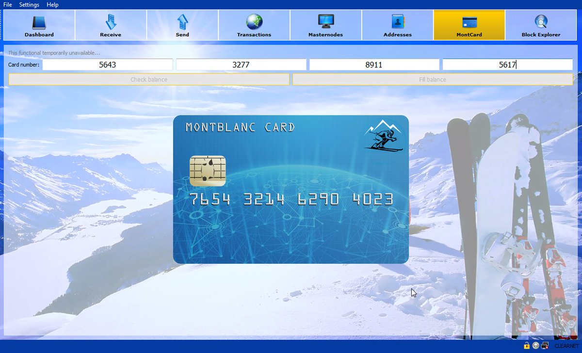 MontPay system is our main feature. It consists of MontCard, MontTerminal and MontWallet. MontTerminals will be installed in the partner ski resorts. The MontCard is used to pay for rent a cable cars, snowboards and etc. You can top it up through your GUI Wallet.