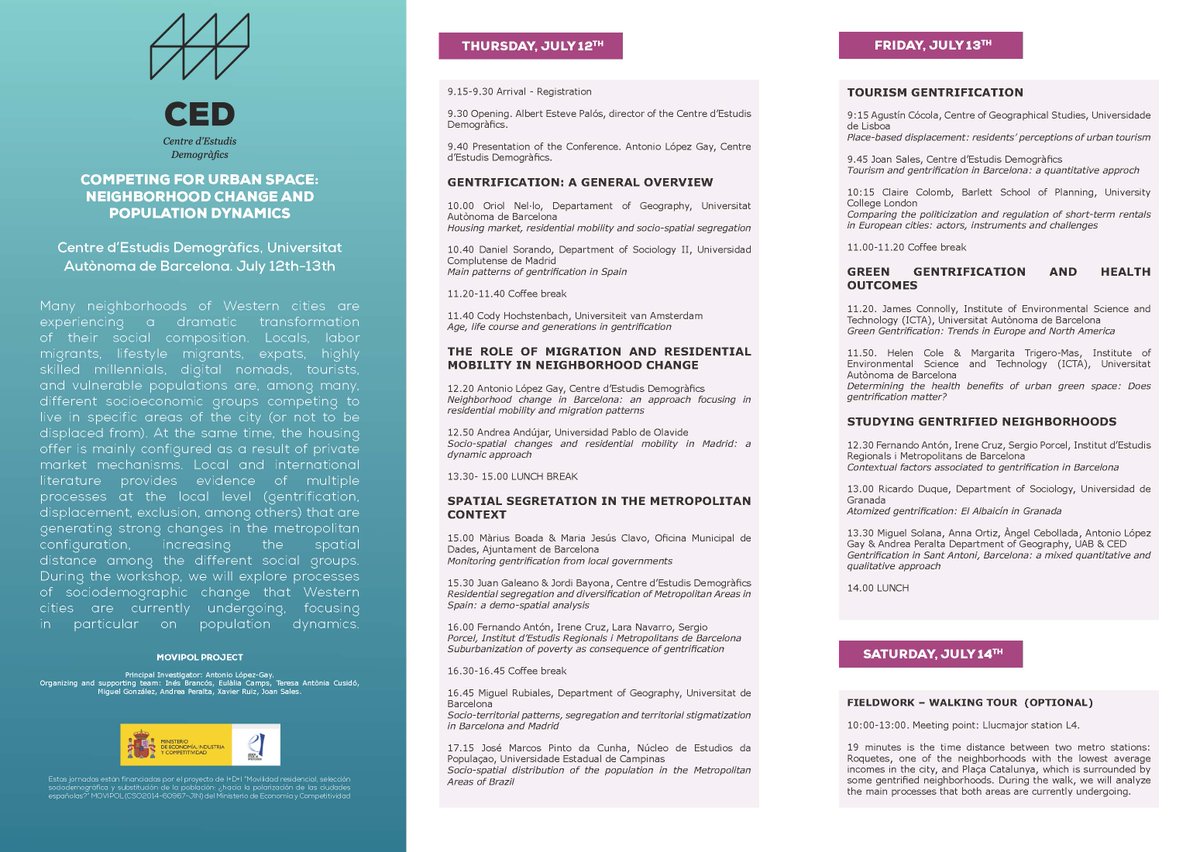 ¿Cómo está cambiando la población de nuestros barrios?, ¿qué procesos sociodemográficos se esconden? El @CEDemografia organiza las jornadas ‘Neighborhood change and population dynamics’, #gentrification #tourismgentrification #greengentrification Registro: ced.uab.es/difusio/semina…