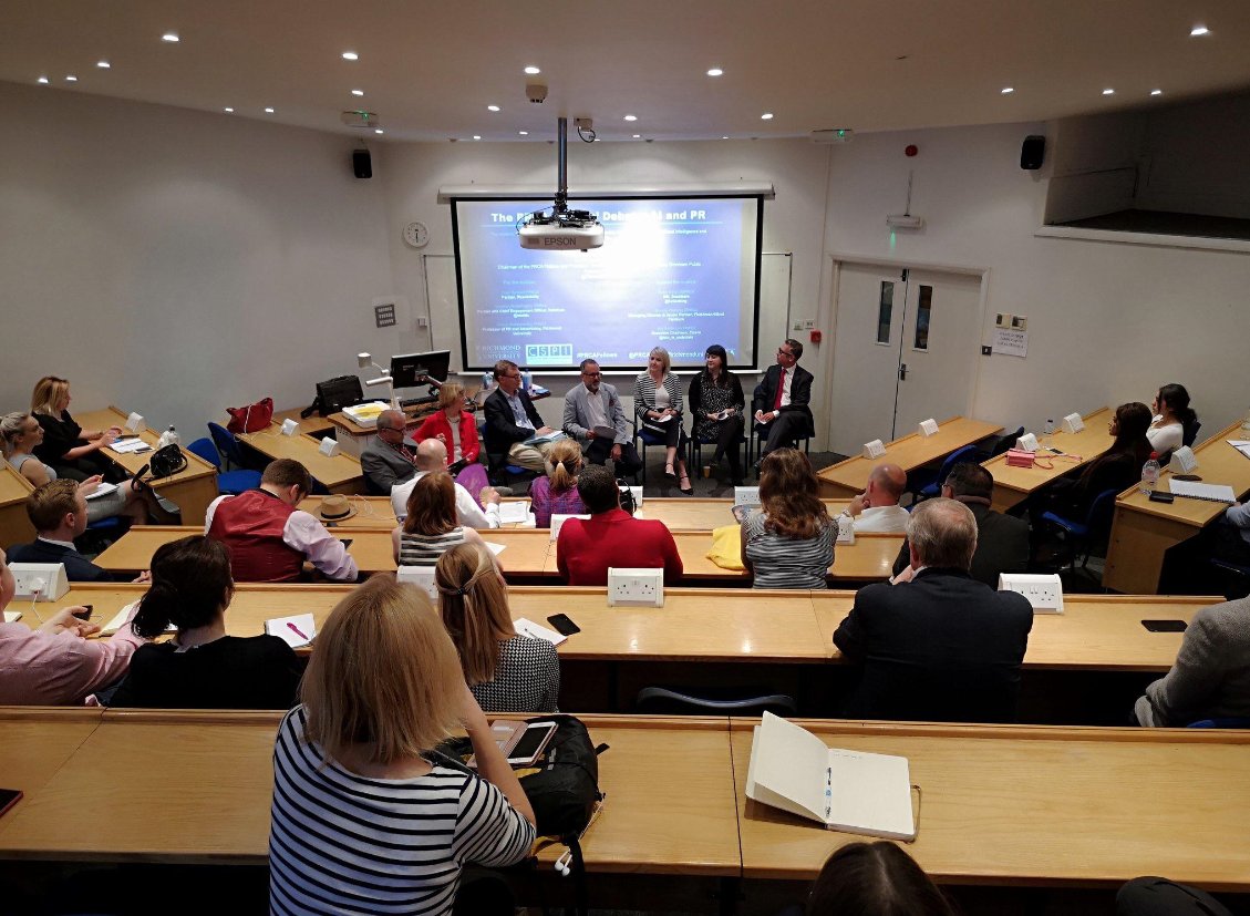 A great turnout for the #PRCAFellows' Debate on #AI and #PR held at our Kensington campus last week. Moderated by David Gallagher, with a panel featuring Stephen Waddington, Katie King, Iain Anderson, Jane Howard, Brandy Fleming, and Richmond's very own, Simon Goldsworthy!