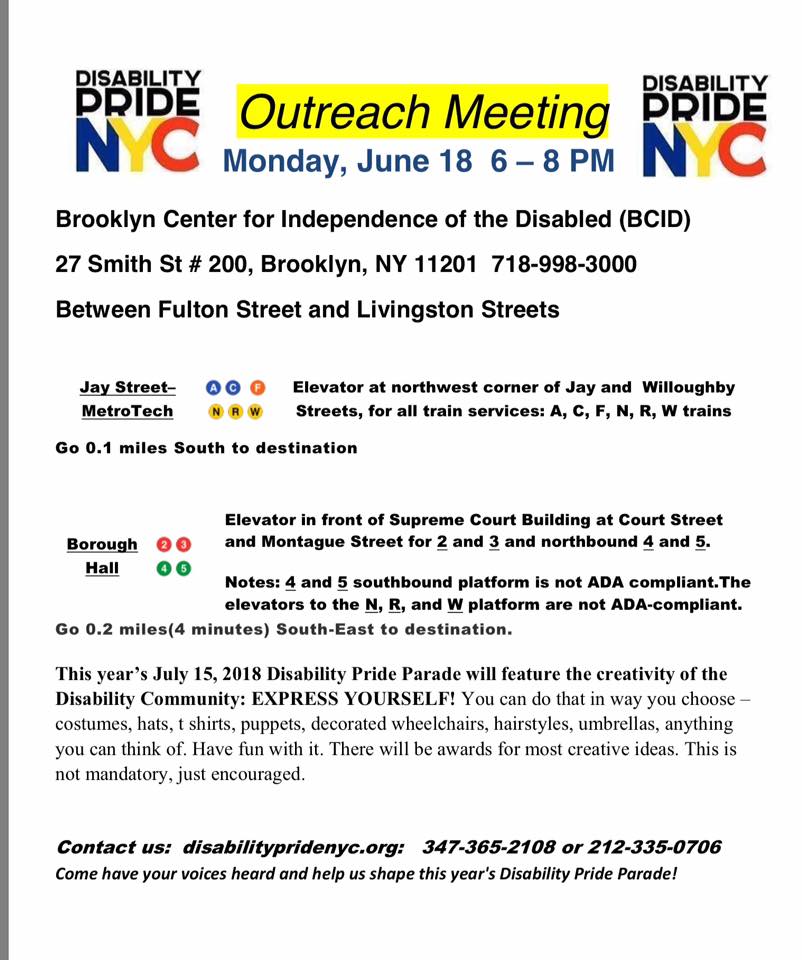 pride_nyc's tweet photo. Outreach Meeting, Monday, June 18  6 – 8 PM Brooklyn Center for Independence of the Disabled (BCID)... 27 Smith St # 200, Brooklyn, NY 11201 718-998-3000. #Disability #NYC #parade #meeting #outreach #disabilitypride https://t.co/cbQ8vr7HX8