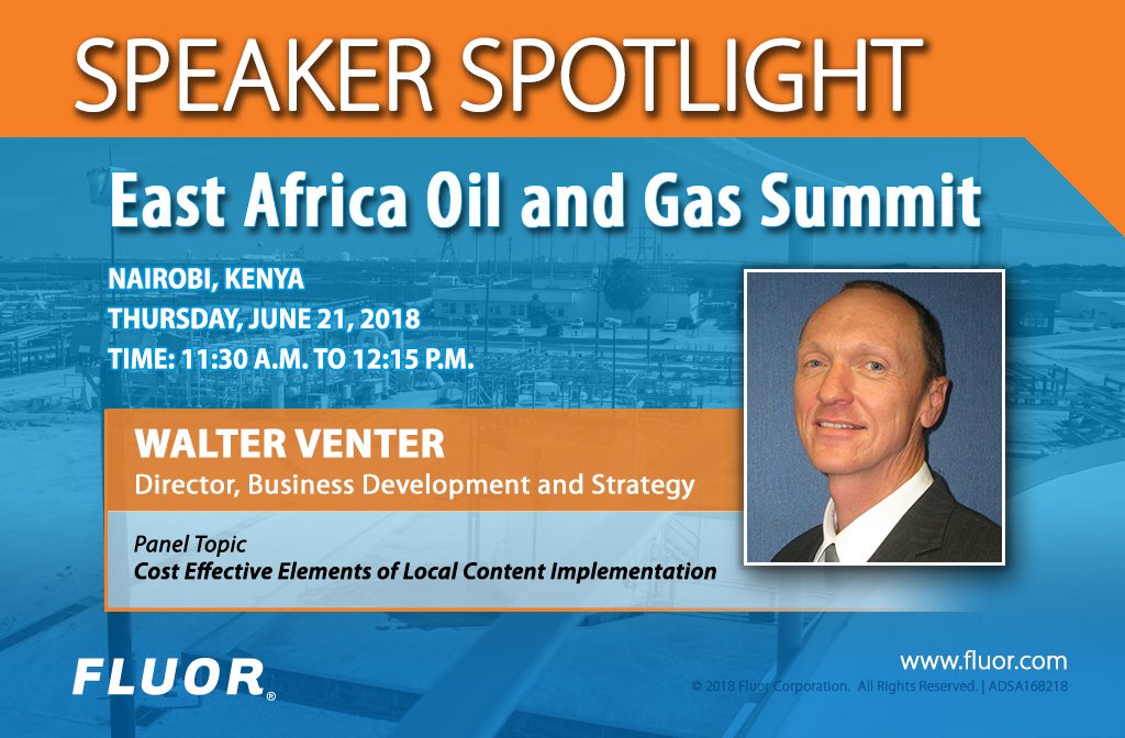 FluorCorp's tweet photo. Fluor's representatives look forward to meeting delegates this week at the East Africa Oil & Gas Summit #EAOGS in #Kenya. Visit our stand to find out more about our activities in the oil and gas industry in #Africa. https://t.co/RJYnSx6TPG