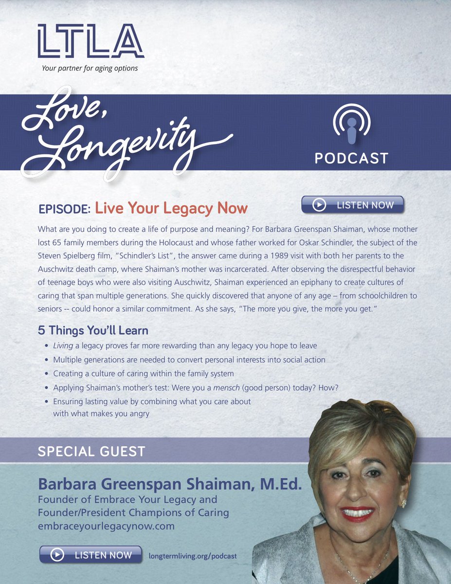 LTLAssociation's tweet photo. #MondayMotivation, Live Your Legacy Now! Listen to the latest episode of Love, Longevity featuring Barbara Greenspan Shaiman, M. Ed. now: https://t.co/nbBcjCHucS https://t.co/tEt6FKQn1j