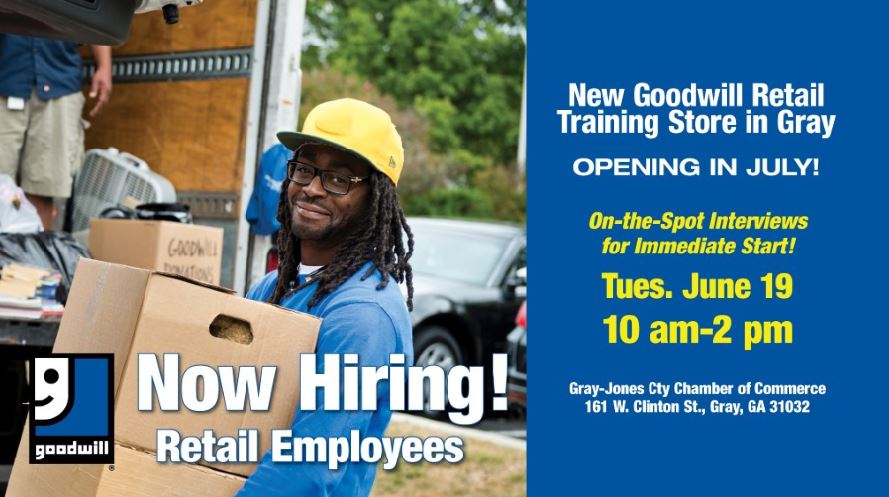 GoodwillWorks's tweet photo. #NowHiring for @GoodwillWorks’s newest Retail Training Store coming to #GrayGA in July! Open #Interviews TOMORROW June 19 10am-2pm for immediate hire! Part-&full-time positions available. Must pass drug test and background check. For info call 478-471-4855. https://t.co/lOgcIawYOK