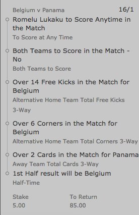 mrfixitstips's tweet photo. 16/1 BetBuilder for Belgium v Panama

✅ Lukaku to score
✅ BTTS: No
✅ Over 14 Belgium FKs
✅ Over 6 Belgium Corners
✅ Over 2 Panama Cards
✅ Belgium to lead at HT

Follow me and RT for chance to win the £85.00 betslip.

(18+. GambleAware) https://t.co/S1Oh89ouhc