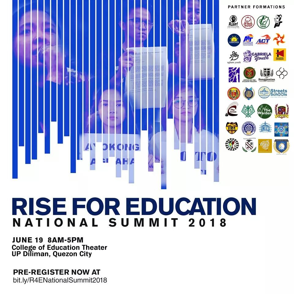 #RiseForEducation: All students, teachers, parents, and education advocates are invited to the Rise for Education National Summit on 19 June 2018 at UP Diliman College of Education (Benitez Hall) Theater.

REGISTRATION: bit.ly/R4ENationalSum…