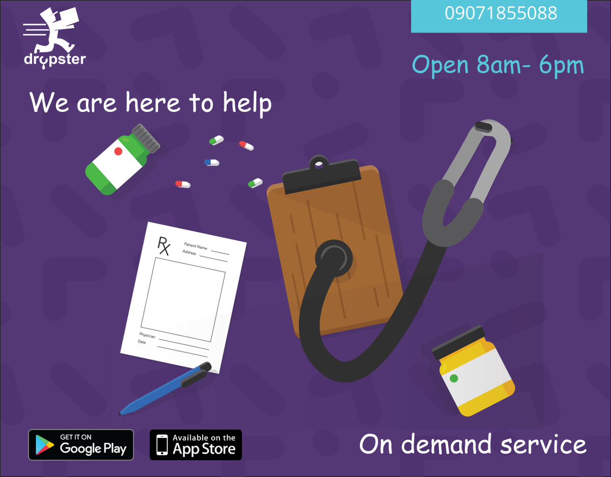 dropsterng's tweet photo. We want you to know that you can count on us to deliver no matter the situation.
We'll pick up and drop off the meds that you need.
Experience Dropster. https://t.co/EY8Dgwu6EK