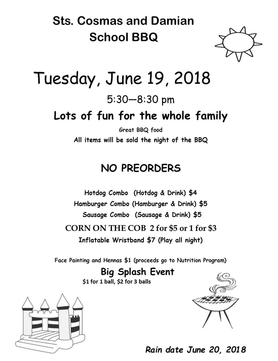 Tomorrow (June 19, 5:30pm-8:30pm), Sts. Cosmas and Damian School (111 Danesbury Avenue) will be having its annual BBQ at its school yard. There will be lots of great food &amp; fun family activities.