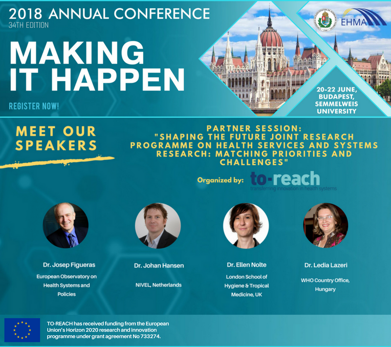 European Health Management Association (@ehmainfo) on Twitter photo On Friday 22nd, join the #EHMA2018 <a href="/toreachEU/">TO-REACH</a> session 'Shaping the Future Joint Research Programme On #HealthServices and #HealthSystems Research', featuring speakers from <a href="/OBShealth/">European Observatory on Health Systems & Policies</a> @Nivel_research <a href="/WHO_Europe/">WHO/Europe</a> .
Visit to-reach.eu to know more about the project! On Friday 22nd, join the #EHMA2018 <a href="/toreachEU/">TO-REACH</a> session 'Shaping the Future Joint Research Programme On #HealthServices and #HealthSystems Research', featuring speakers from <a href="/OBShealth/">European Observatory on Health Systems & Policies</a> @Nivel_research <a href="/WHO_Europe/">WHO/Europe</a> .
Visit to-reach.eu to know more about the project!