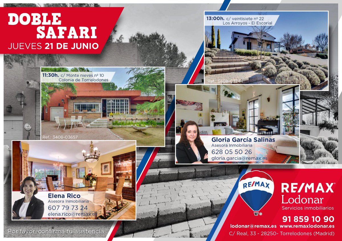 remaxlodonar's tweet photo. Si eres profesional inmobiliario, tenemos el gusto de invitarte al #SafariInmobiliario que organizan nuestras compañeras Elena y Gloria, para presentar dos estupendas propiedades en #Torrelodones y #LosArroyos. Se ruega confirmar asistencia #RemaxLodonar https://t.co/v4GecQn09E
