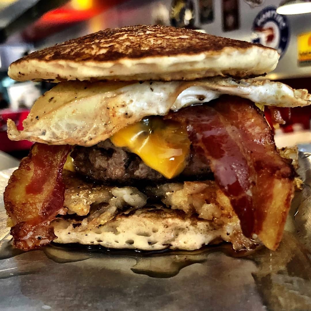 TailpipesWV's tweet photo. From a joke about @IHOP (IHOb) to an actual special! 🤪😂 Now on special, The Tailcake! Beef. Hashbrown. American. Bacon. Egg. All between two pancakes with maple syrup. https://t.co/qrFzPPjCZQ