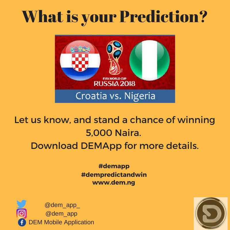 deejayfaremi's tweet image. You can win N5,000 by predicting correctly the outcome of Nigeria vs Croatia courtesy @DEM_App_. 

You have to be following me and @DEM_App_ and use the hashtag #DemAppPrediction.

Multiply entries allowed. Entries close by 8 pm. Go!