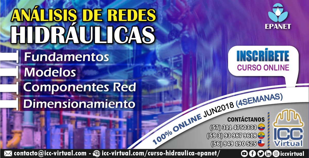 IccChile's tweet photo. Curso virtual online Análisis de Redes Hidráulicas con EPANET,Inicia: Junio 25
mas informacion aquí : Página web:https://t.co/6iyGxz7j3j
, +57 3114750333, Chile +56 94919 0525, Ecuador +593 93 987 9618. contacto@icc-virtual.com https://t.co/mi2n8E4mPu