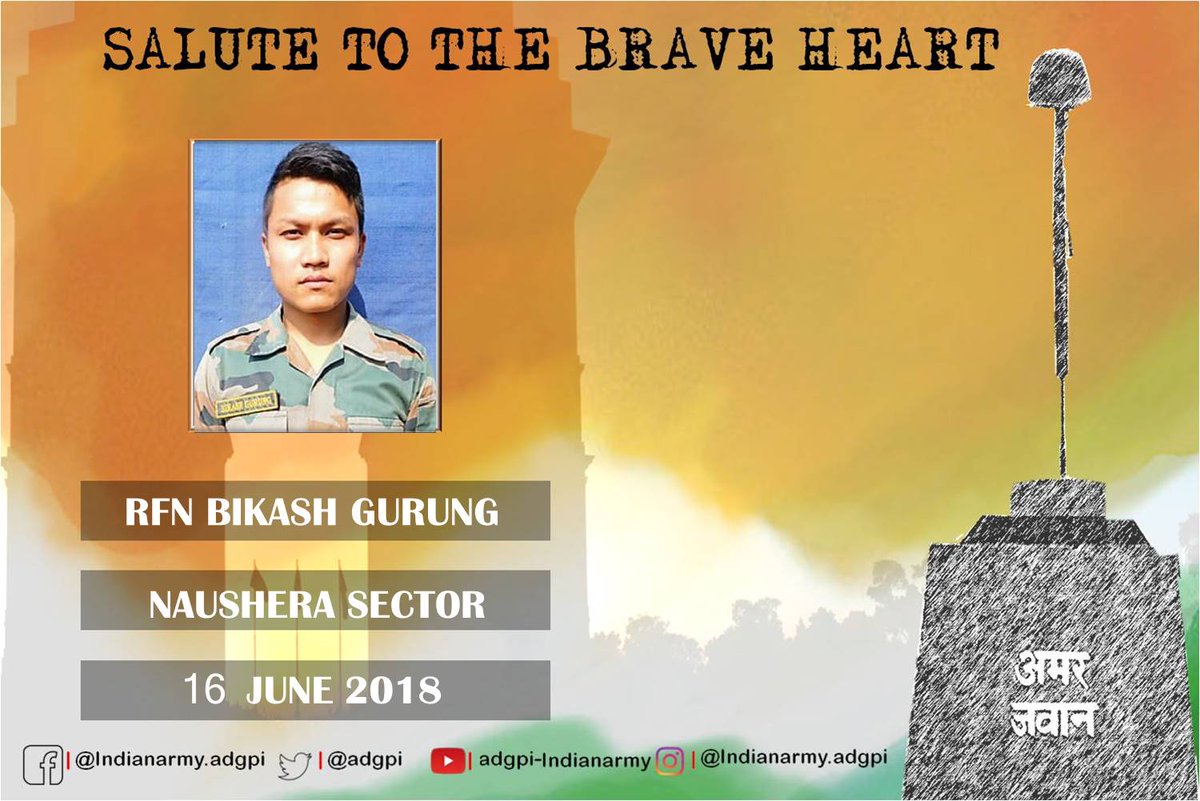 General Bipin Rawat #COAS &amp; All Ranks #salute the supreme #sacrifice of Rifleman Bikash Gurung and offer condolences to the family of the Brave heart. #IndianArmy #BraveSonsOfIndia <a href="/PIB_India/">PIB India</a> <a href="/SpokespersonMoD/">Ministry of Defence, Government of India</a> <a href="/HQ_IDS_India/">HQ IDS</a>