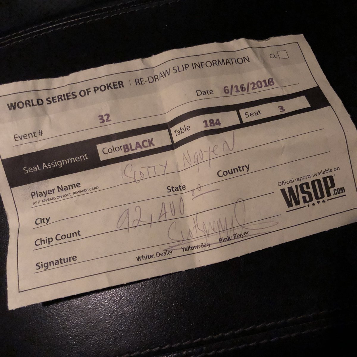 TheScottyNguyen's tweet photo. started with 5k in chips today &amp; ended with 92,400 baby! going into day 2 baby! #FocusBabyCBD @mycannahemp @PokerNews @WSOP #poker #wsop32 #event32 #wsop #Champions https://t.co/QCUFC5E7ep