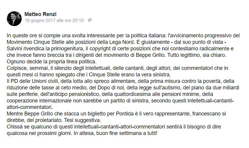 matteorenzi's tweet photo. Un anno fa, esattamente un anno fa, scrivevo questo post. Se avete tre minuti leggetelo: era il 16 giugno 2017. Poi non si dica che non l’avevamo detto: era tutto già scritto!
Buon fine settimana, amici https://t.co/2ZRuYTpHaQ