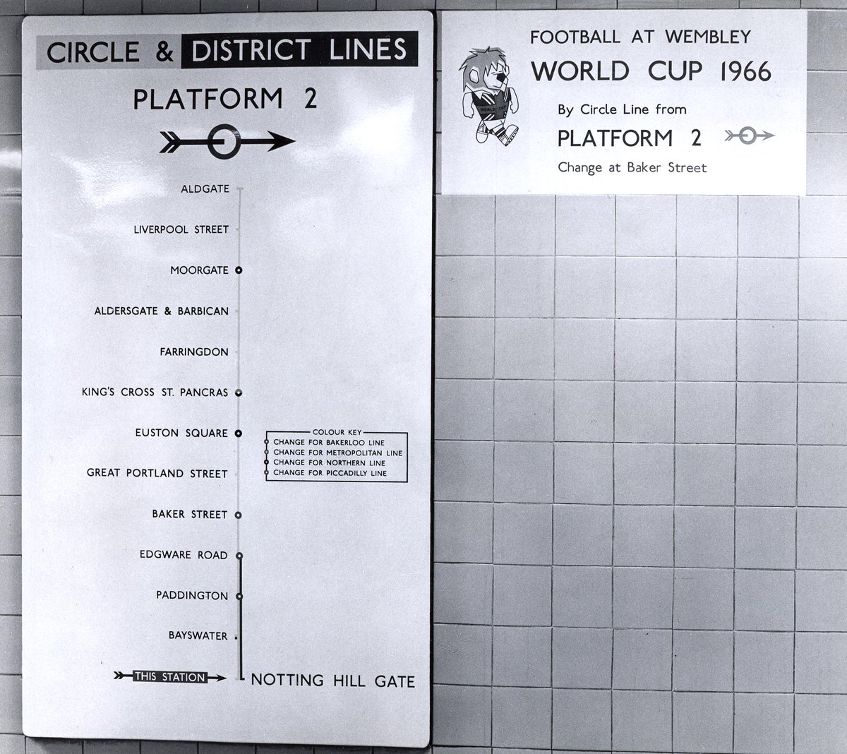 ltmuseum's tweet photo. Where will you be travelling to watch the start of the #WorldCup this weekend? This temporary signage from Notting Hill Gate Underground station in 1966 shows passengers the way to the finals held at Wembley stadium https://t.co/PCNpTdieJL #LTMCollections https://t.co/RSwDSyYnxE
