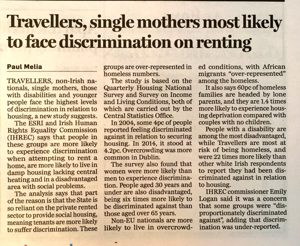 _IHREC's tweet photo. Travellers, single mothers most likely to face discrimination on renting via @Independent_ie @paulbmelia https://t.co/UlJ7wi4Wwg