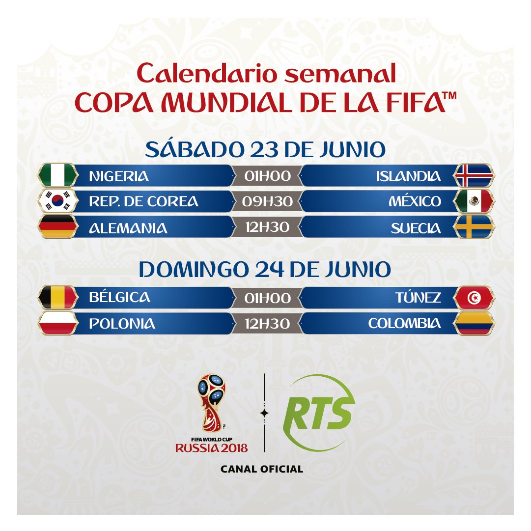 Copa on "Calendario semanal de La copa mundial de la FIFA #RTSEstáMundial @RTS_Copa https://t.co/ujt84zHVMI" / Twitter