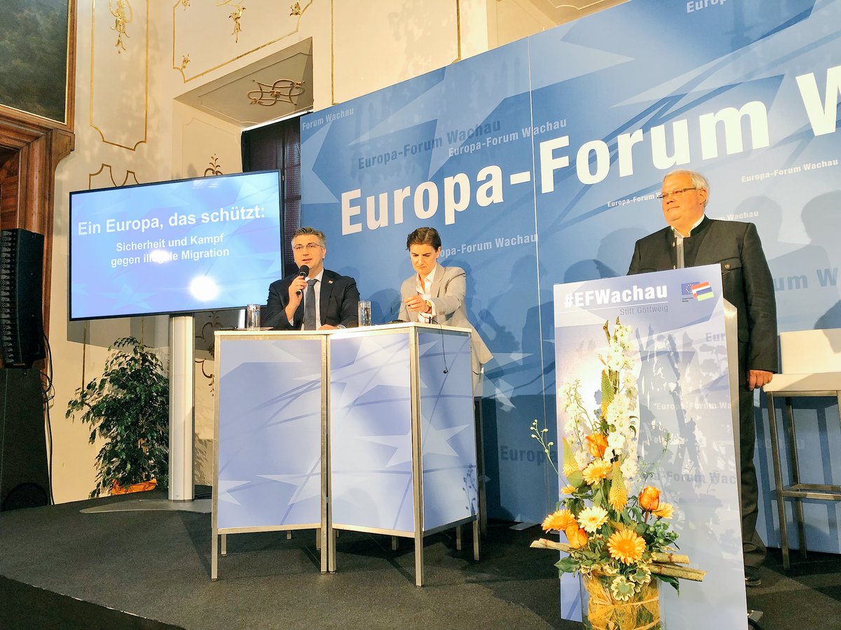 EichtingerM's tweet photo. Final Day of #EuropaForumWachau 2018!focusing on security concerns &amp; the fight against illegal migration; „A Europe that protects“: @sebastiankurz presented priorities of @EU2018AT; high-ranking debate of @anabrnabic @AndrejPlenkovic and PM Duško Marković https://t.co/7yKicaqwsS https://t.co/zBLNL4iGx2