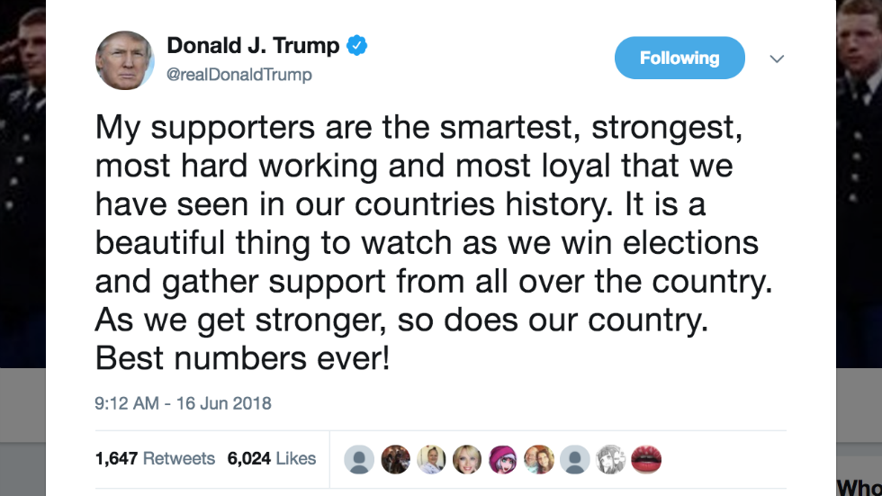 thehill's tweet photo. Trump praises his own supporters as “smartest” in history in misspelled tweet https://t.co/dY8WHtllx6 https://t.co/f1SM2wOznB