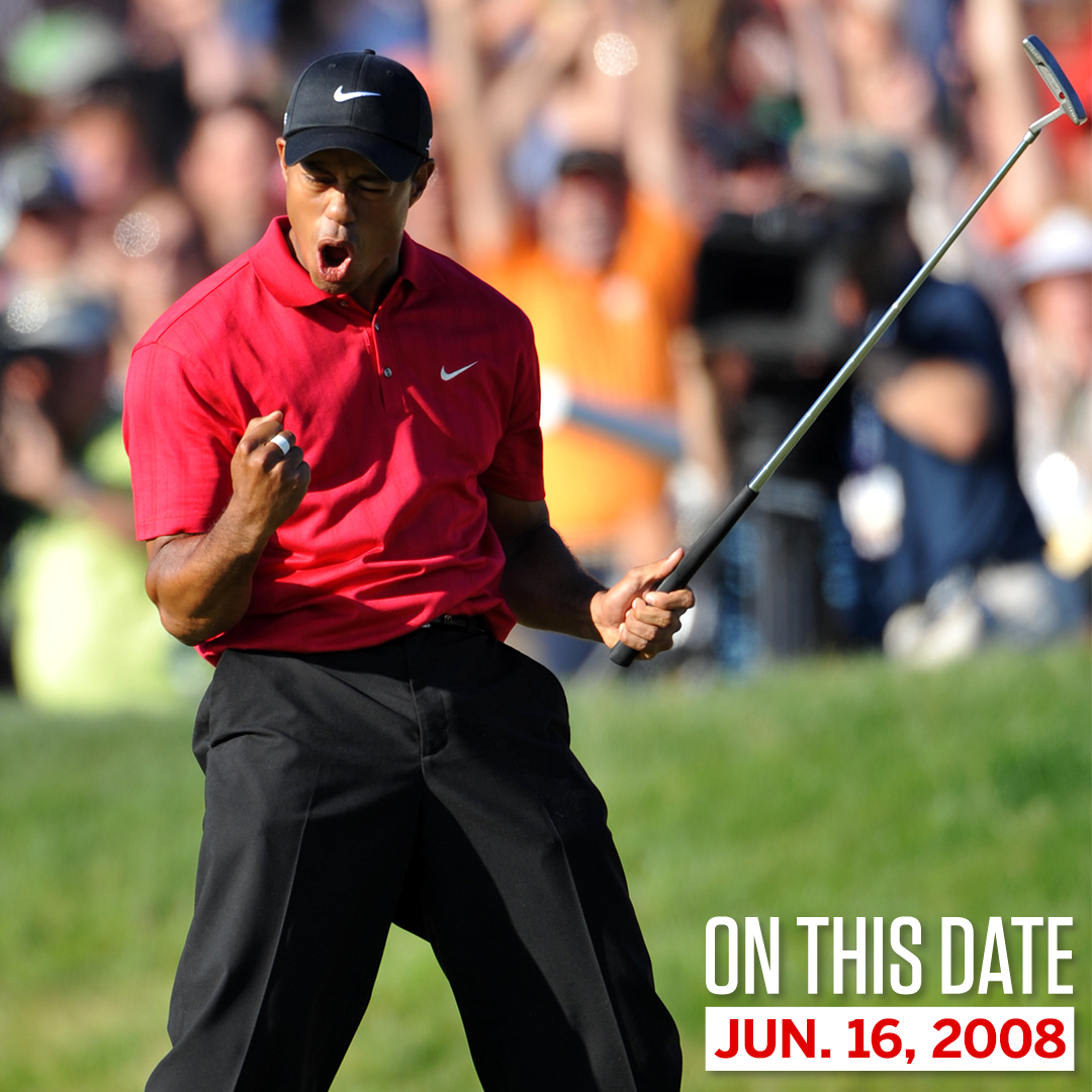 espn's tweet photo. On This Date: 10 years ago, Tiger Woods played through a torn ACL to win his 14th major, outlasting Rocco Mediate in a sudden-death U.S. Open. https://t.co/Z6gWYsby6X