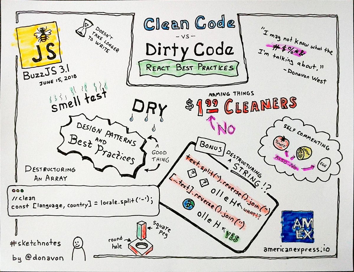 donavon's tweet photo. Here's a #sketchnotes (my first!!!) of a talk I gave at @BuzzJS titled "Clean Code vs. Dirty Code: React Best Practices".
And thanks to @malweene for inspiration.
https://t.co/kNRys0dHns
#reactjs #javascript #cleancode #buzzjs https://t.co/PKyW3EYYdn