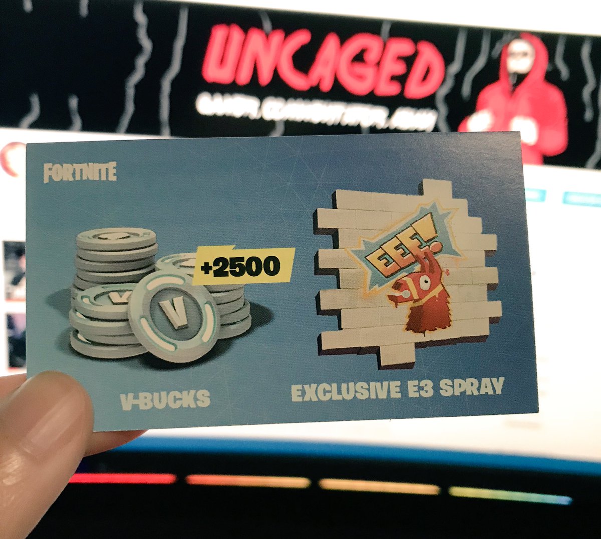 unCAGEDgamez's tweet photo. Giving Away 2500 V-BUCKS &amp; Exclusive #E3 Spray to 1 Follower!! 

RT, FOLLOW, &amp; Tag 1 Friends for a Chance to WIN! https://t.co/Wv0xMkrrFr