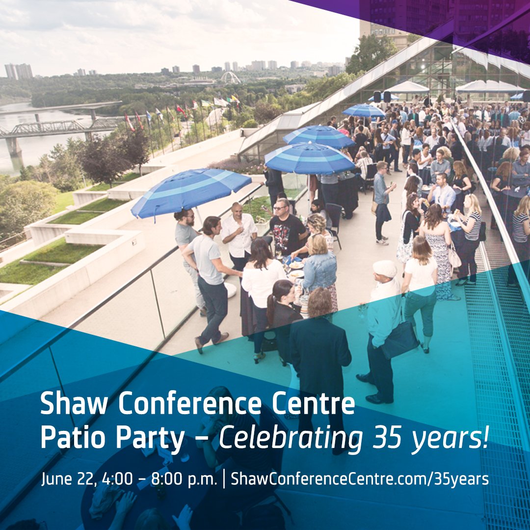 yegconvention's tweet photo. We're throwing the patio party of the summer! Join us on June 22nd as we host a free, community celebration for our 35th birthday! Enjoy the views overlooking the River Valley &amp; food from our world-class team of 11 Red Seal chefs! 

Learn more: https://t.co/IzWPawbE36

#yegevents https://t.co/wZ4fInTenr