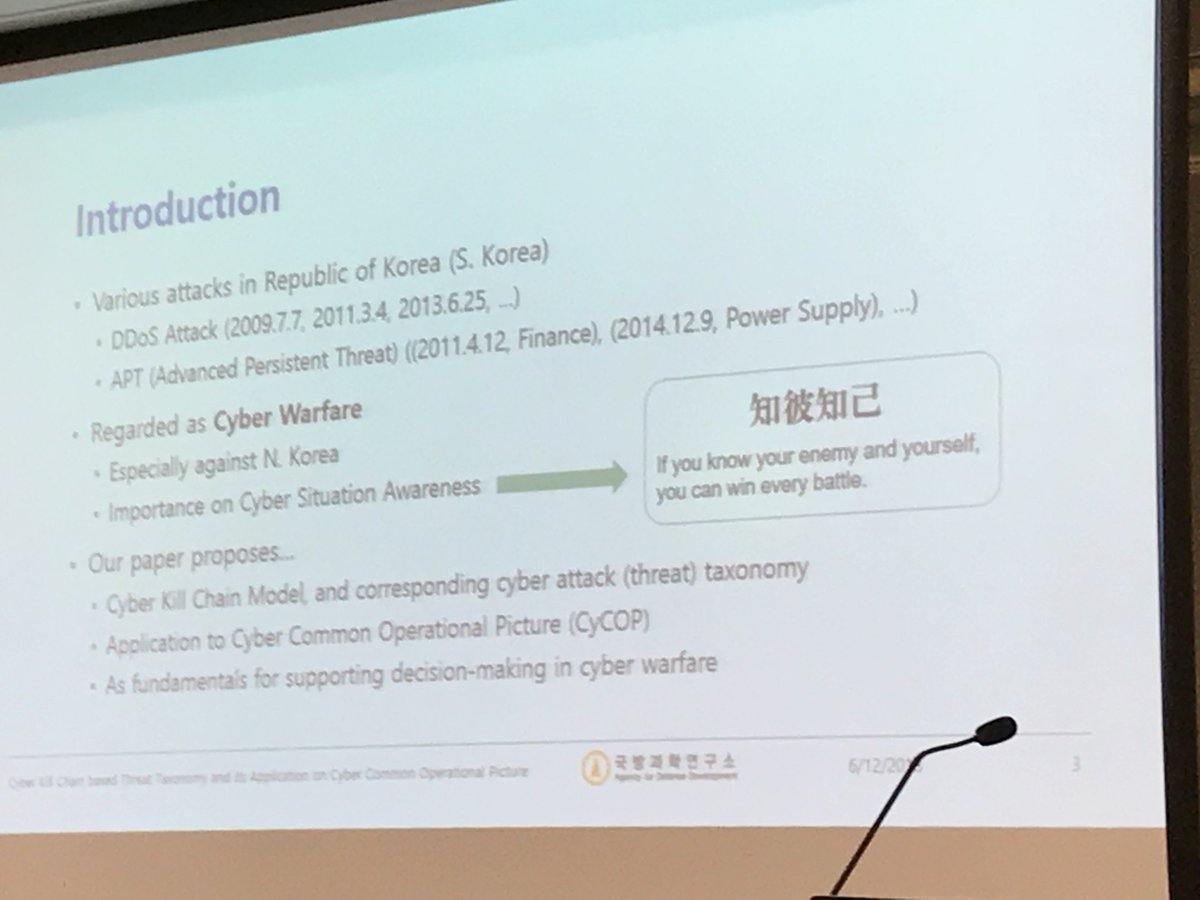 cmricorg's tweet photo. Sungyoung Cho of Agency for Defense Development, Republic of Korea presents Cyber Kill Chain based Threat Taxonomy and its Application on #CyCOP at the @IEEEorg #CyberScience2018 conference #Glasgow #Scotland #UK https://t.co/7C6Olc4KKv
