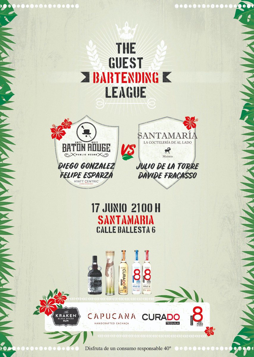 santamarialacoc's tweet photo. Este domingo os convocamos a todos a las 21h en #santamariacocteleria para la resolución de la batalla contra baton rouge! Os necesitamos aquí para apoyar a nuestros grandes coctelerías @juliodelatorrebartender y @fracassodavide !!! Os esperamos!!!!#ligadebartenders https://t.co/18hTeMH0Bk