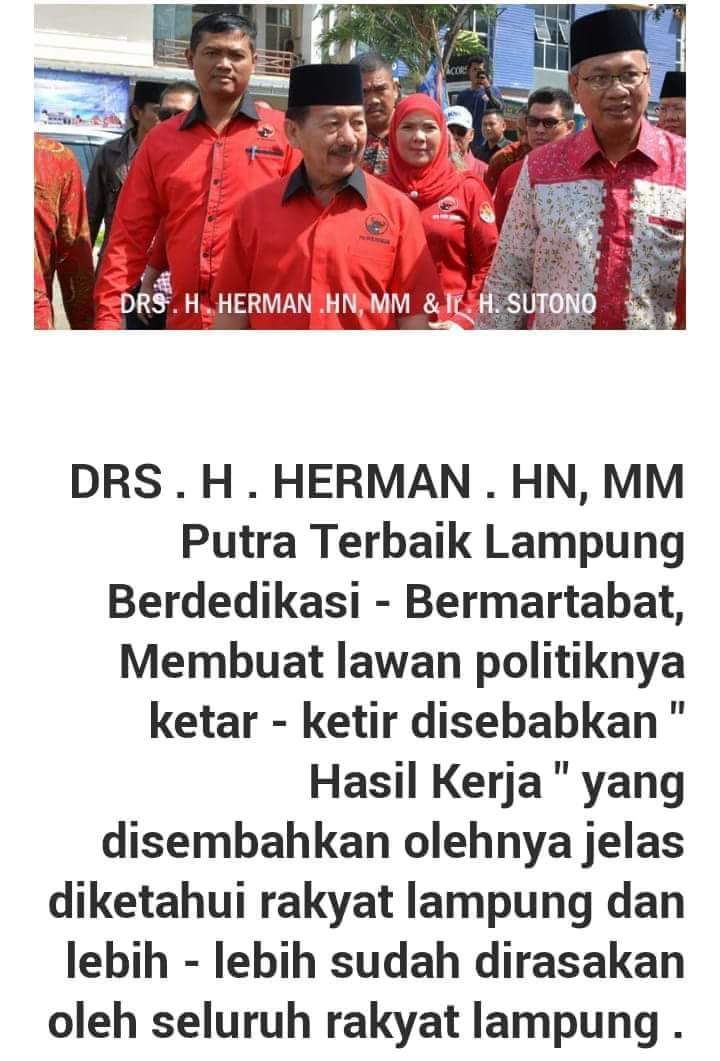 SrikandiLPG's tweet photo. Herman HN - Sutono terbukti bekerja mensejahterakan rakyat
#hermanhn #sutono #hermanhnsutono #herolampung #pilgublampung2018 #hermansutonomenang #pilkadaserentak2018 #pilkadabersih #terbuktibekerja #salam2jari #coblosno2 #pdiplampung #PDIPerjuangan
@BPPemiluPDIP https://t.co/hGCvaD8Zwv