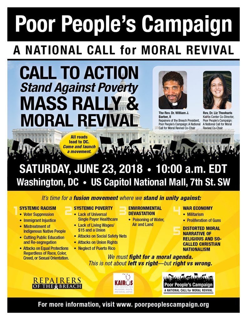 On Saturday, June 23 at 10am ET the #PoorPeoplesCampaign will head to DC for a Mass Rally &amp; Moral Revival, capping off our #40DaysOfAction &amp; launching the next phase of our movement for the long-haul. Join us as we demand an end to the war on the poor: bit.ly/MassRallyDC