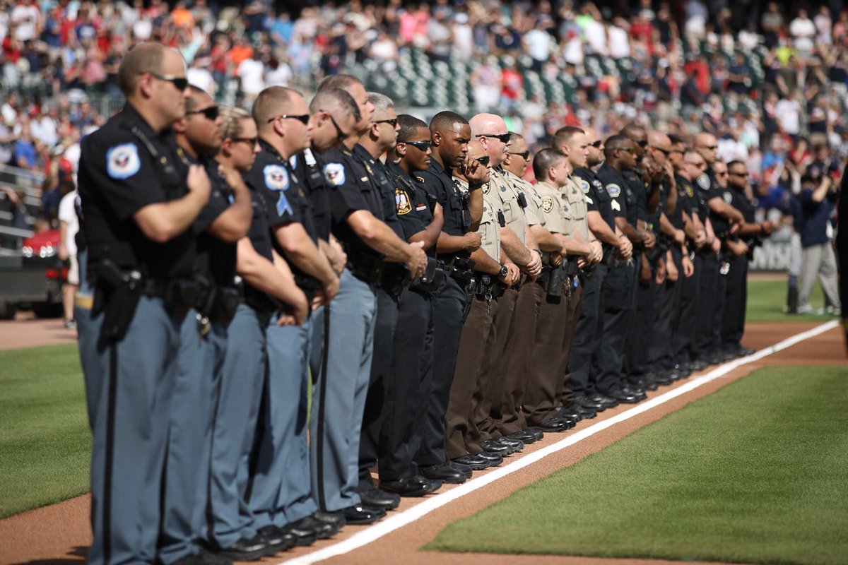 Braves's tweet photo. We’re proud to celebrate our local heroes today at @SunTrustPark! https://t.co/01qGMjuNiB