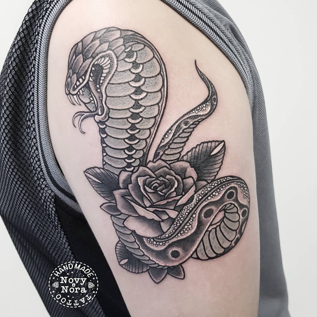 Cobra Reale Tattoo #traditionalart #traditionaltattoo #oldschool  #oldschooltattoo #snaketattoo #snake #cobra #cobratattoo #tattoo #tattooart  #handmadetattoostudio #carpi #mantattoo, image size:1080x1080