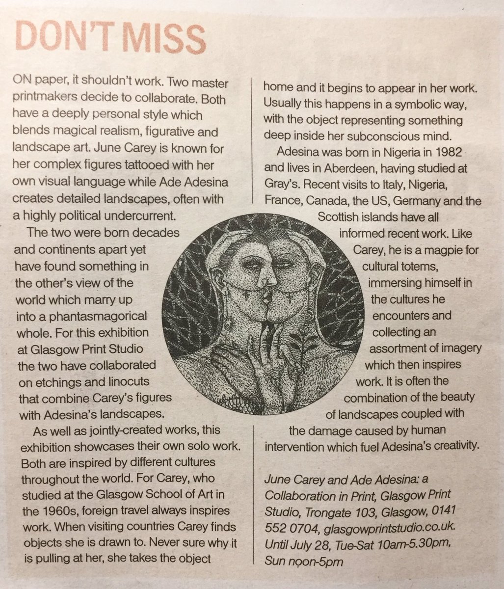 AdeAdesinaink's tweet photo. The review in today’s The Herald newspaper of my collaborative exhibition with June Carey currently showing at @glasgowprintstudio #printmakers #print #junecarey #adeadesina #collaboration #artexhibition #etchingprints #linocuts #glasgowprintstudio https://t.co/Li8uWHFN79